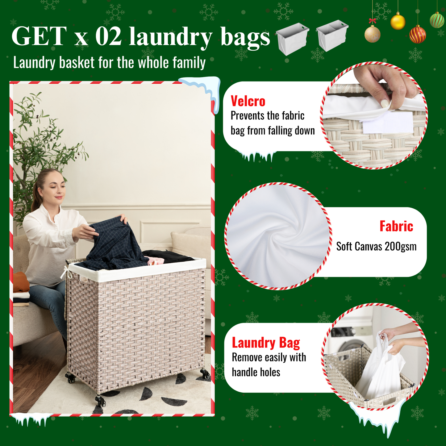 Woven laundry basket with removable fabric liner and wheels ideal for family use