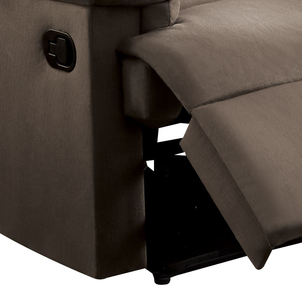 Brown microfiber recliner with pull lever mechanism visible