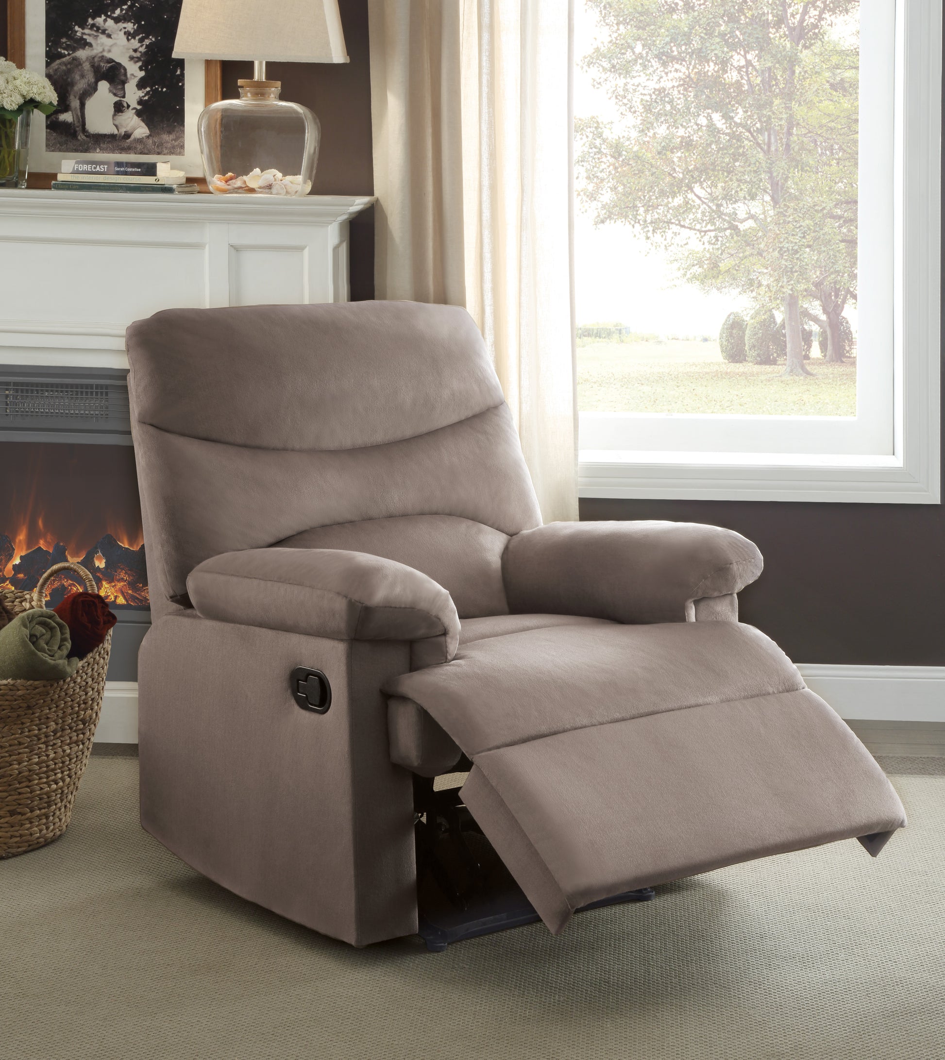 Taupe fabric recliner chair with footrest extended for comfort