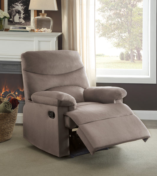 Taupe fabric recliner chair with footrest extended for comfort