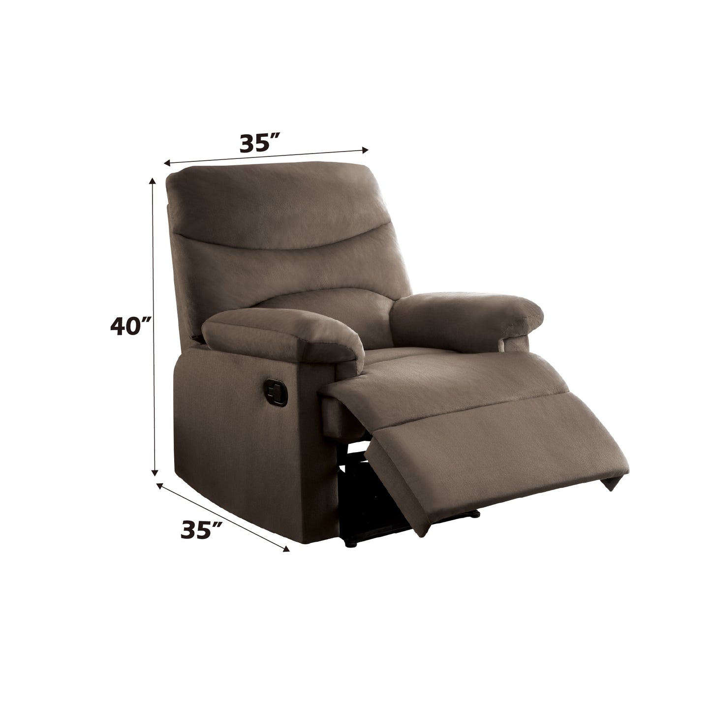Taupe fabric recliner chair with padded arms and extended footrest