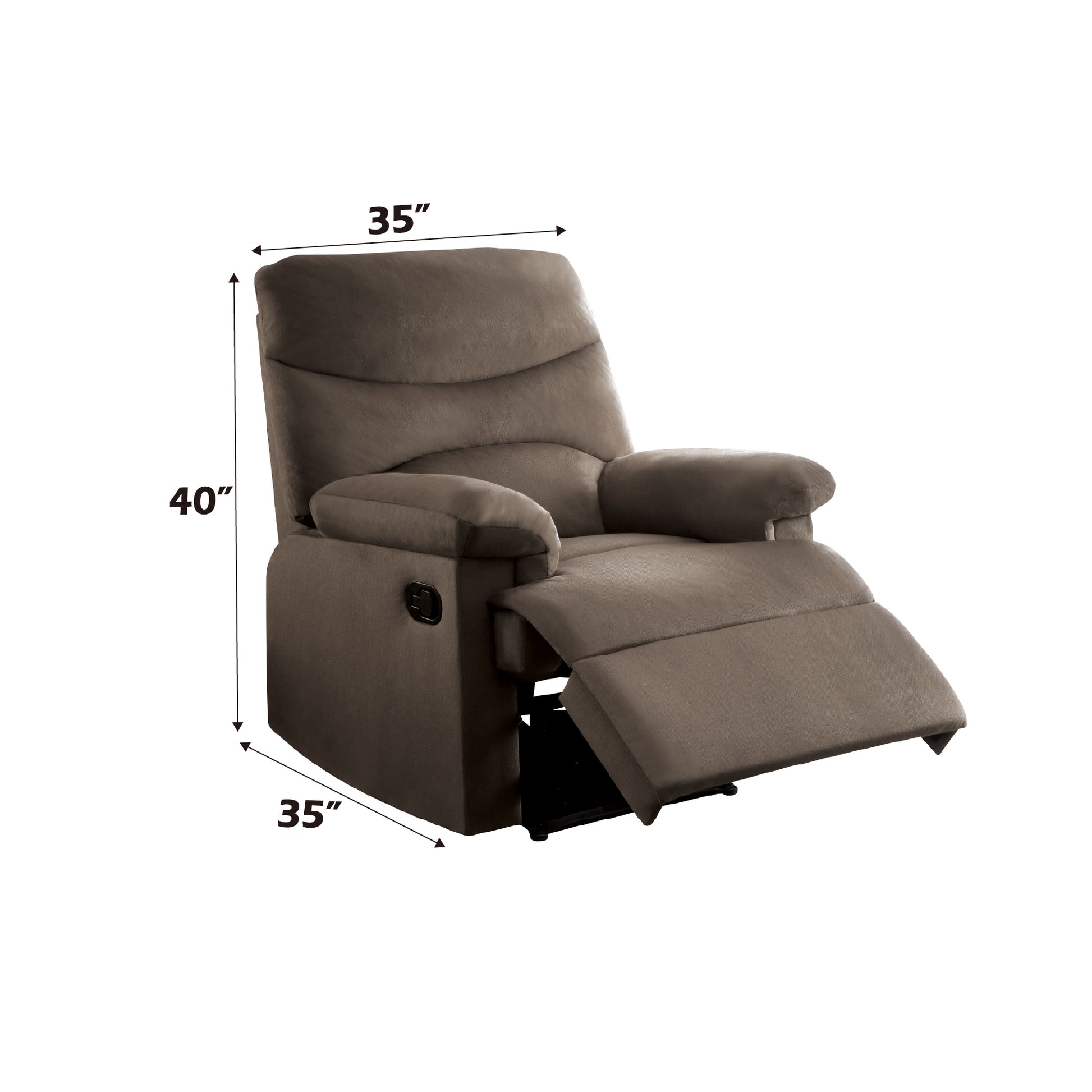 Taupe fabric recliner chair with padded arms and extended footrest