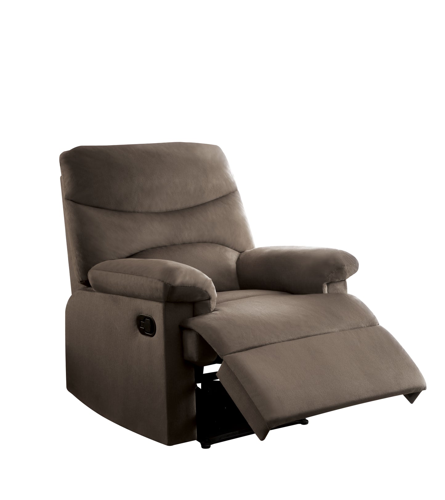 Brown fabric recliner chair with extended footrest and padded armrests