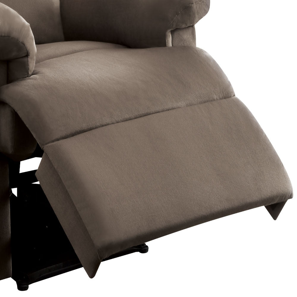 Brown microfiber recliner footrest extended for ultimate comfort