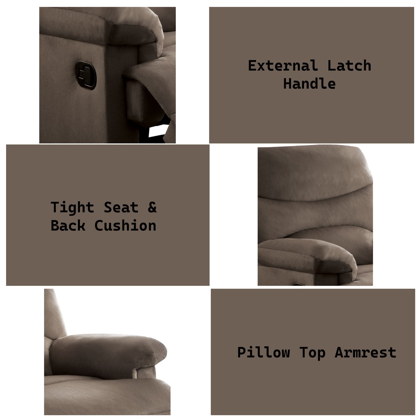 Brown recliner with external latch handle for easy operation