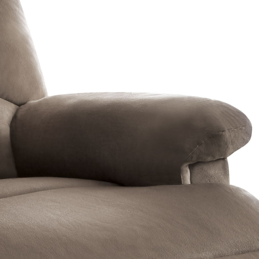Padded taupe recliner armrest plush fabric upholstery detailed stitching