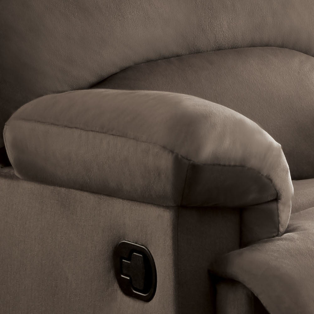 Padded brown microfiber recliner armrest with lever detail