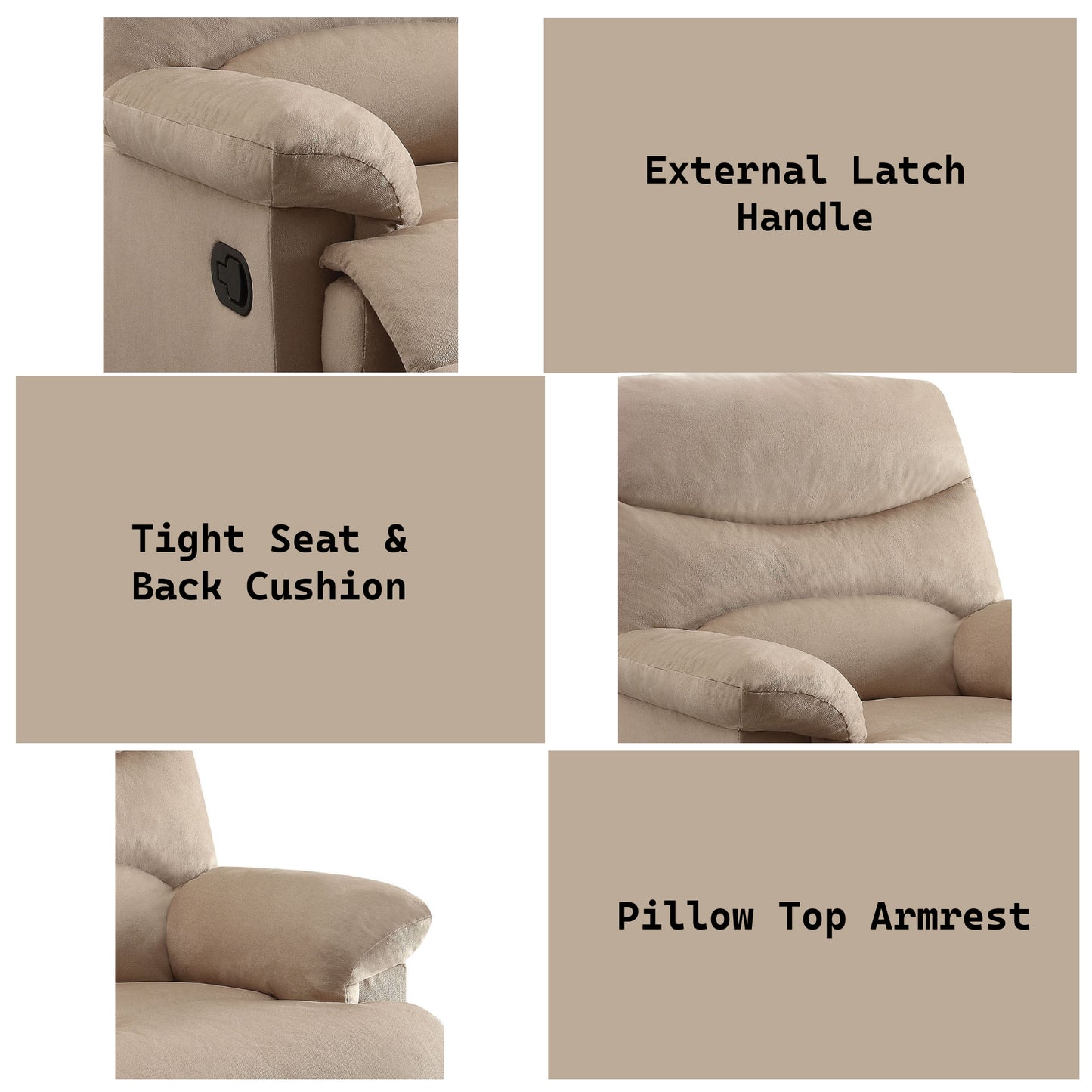 Closeup of a beige recliner showing the external latch handle mechanism