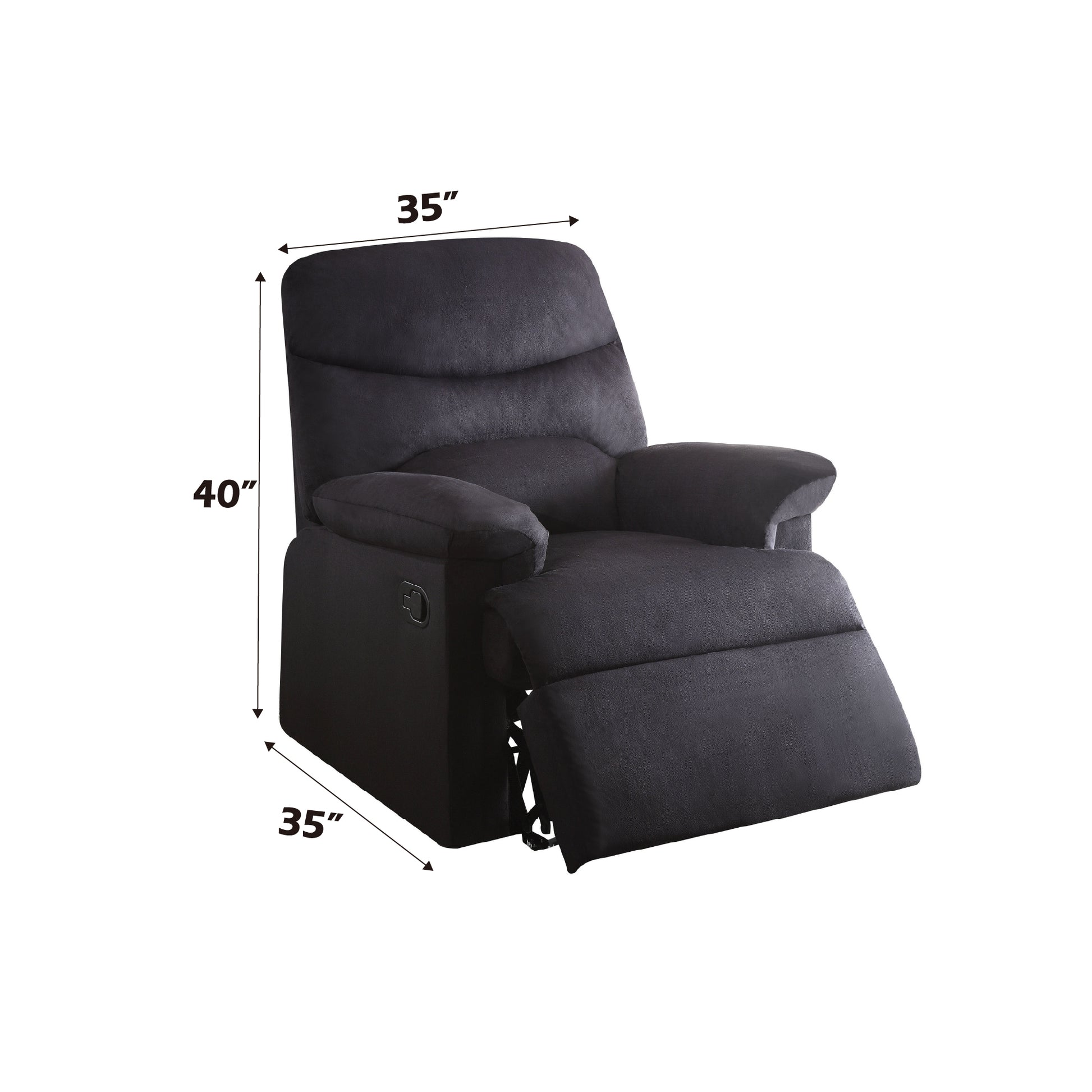 Dark gray upholstered recliner chair with plush cushioning and a side lever