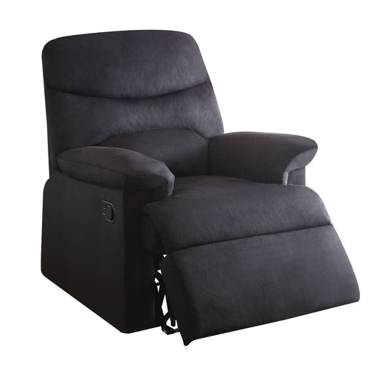 Black fabric recliner chair with padded arms and extended footrest for relaxation