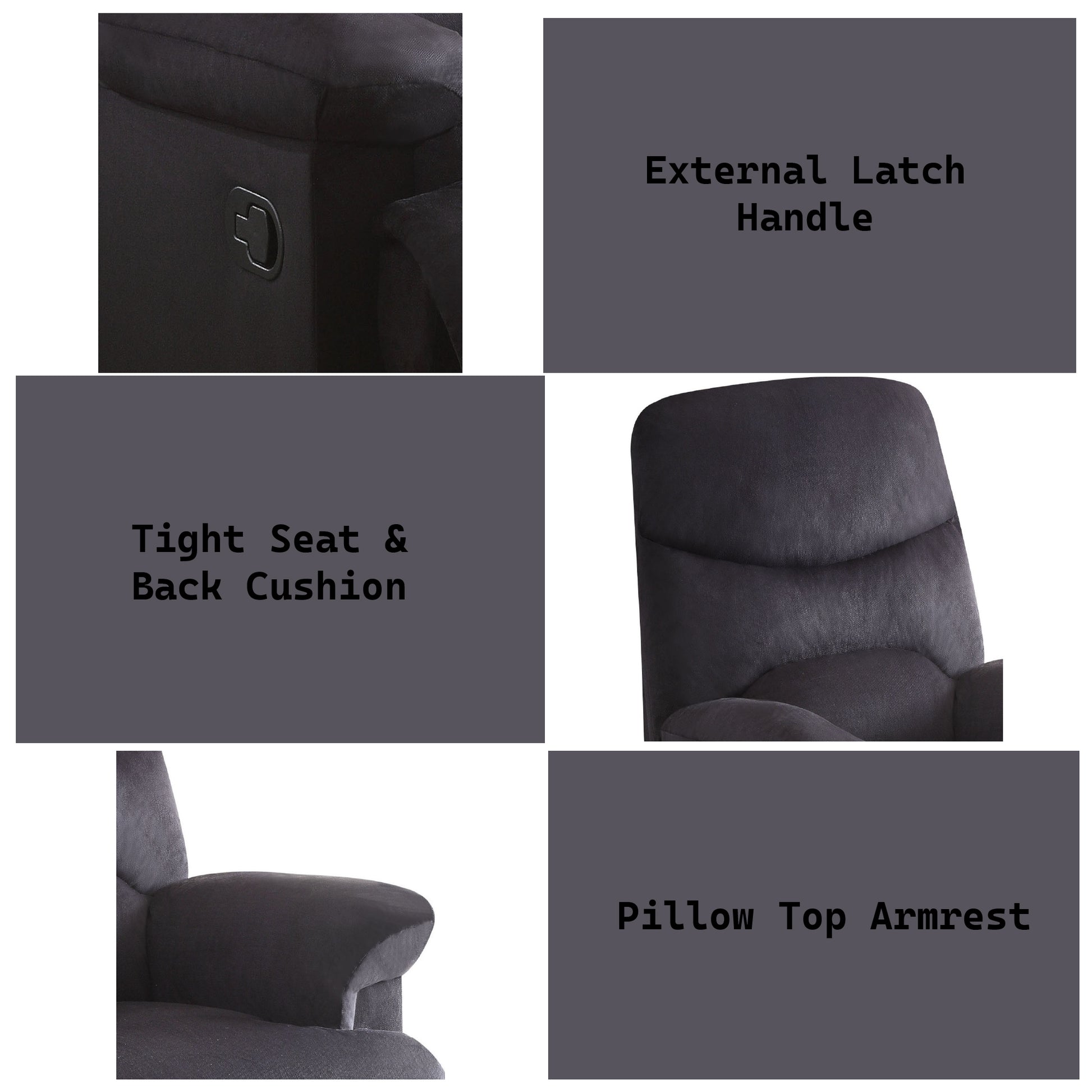Dark gray recliner fabric with visible external latch handle for easy operation