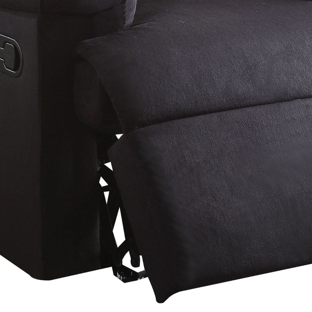 Black upholstered recliner side view showing lever and footrest mechanism
