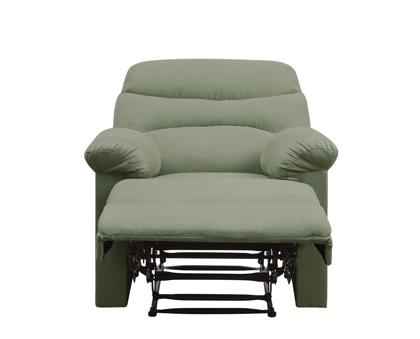 Sage green fabric recliner chair with extended footrest and visible mechanism