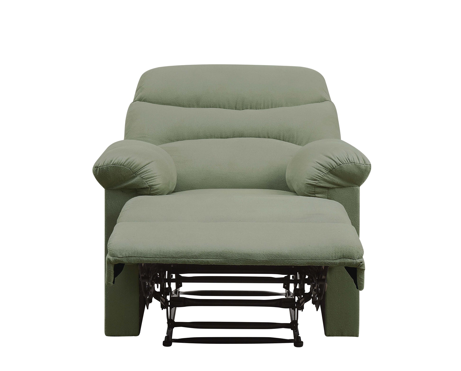 Sage green fabric recliner chair with extended footrest and visible mechanism