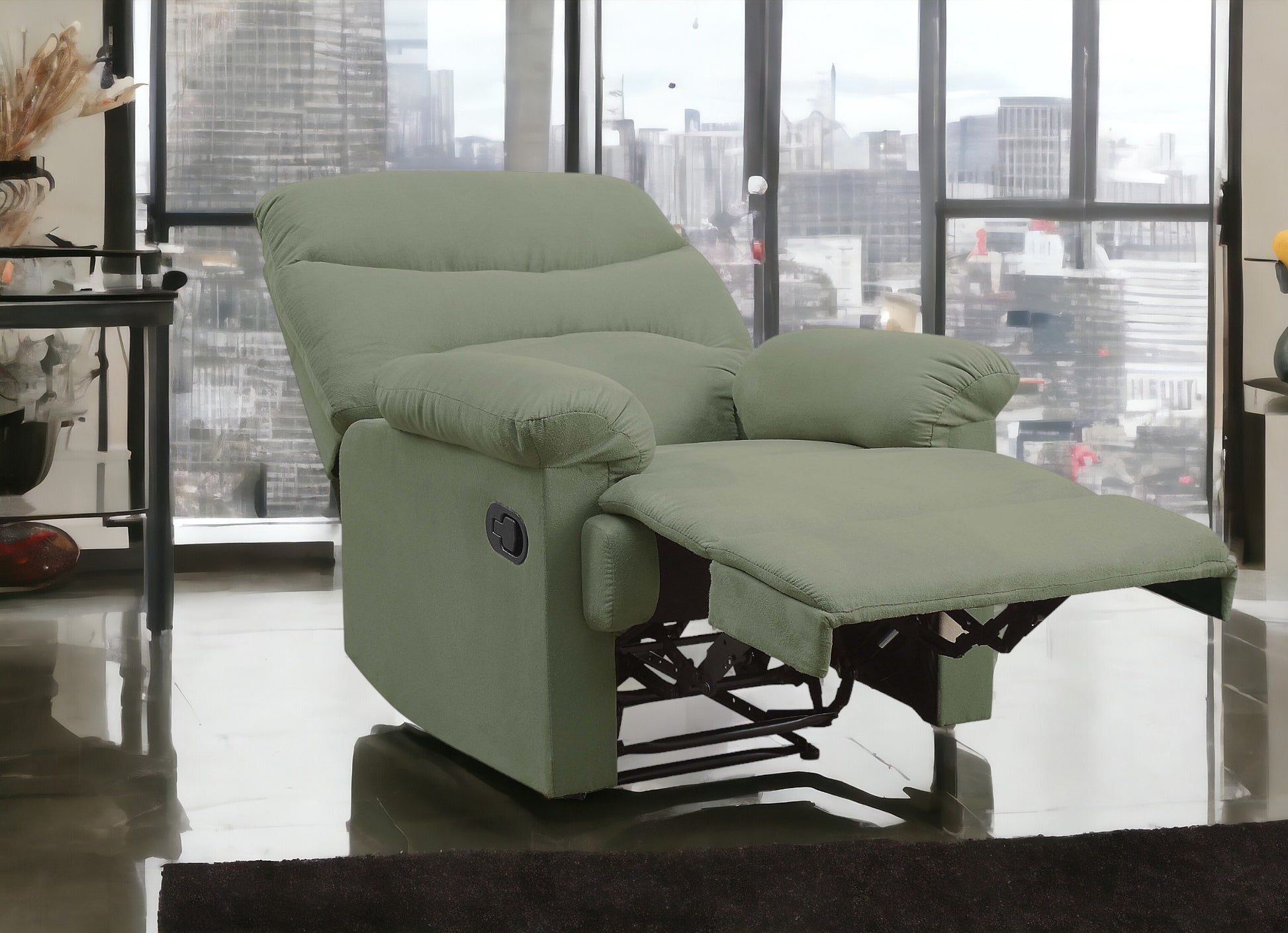 Sage green fabric recliner chair with extended footrest perfect for home relaxation
