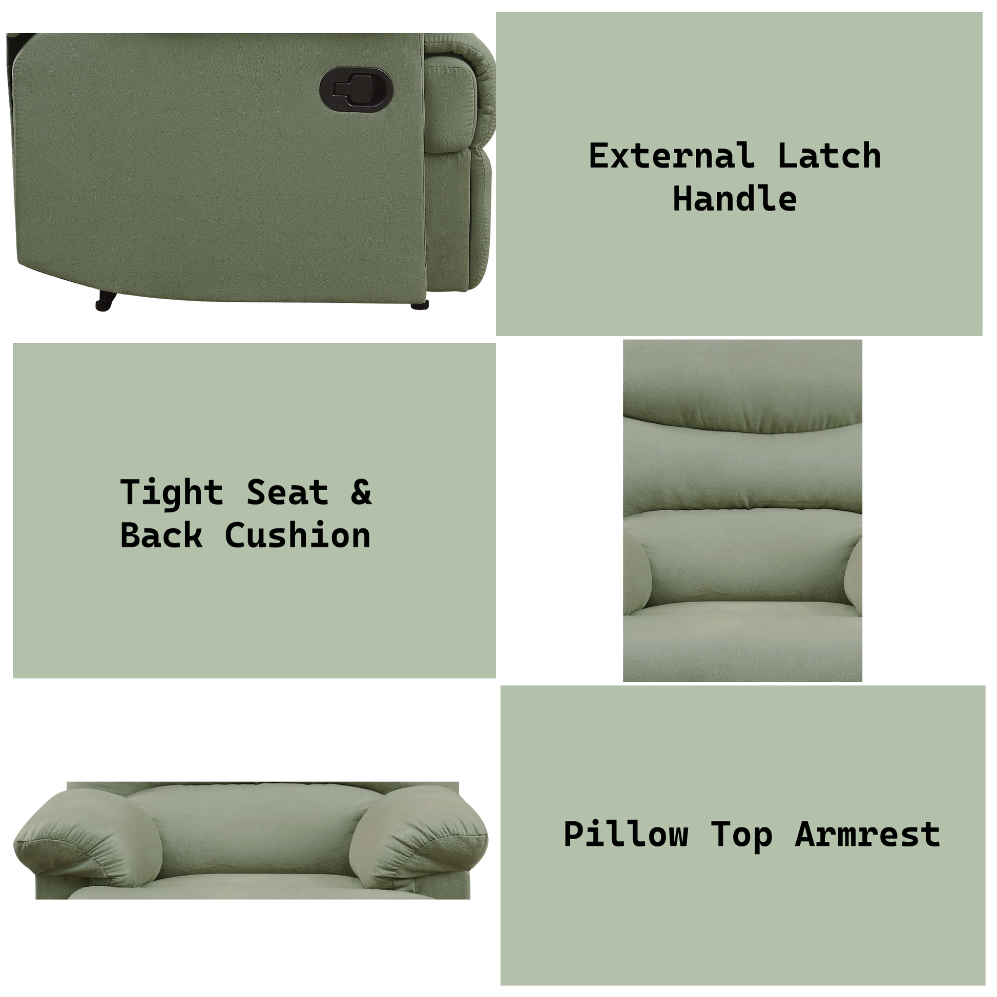 Green recliner sofa side view with external latch handle