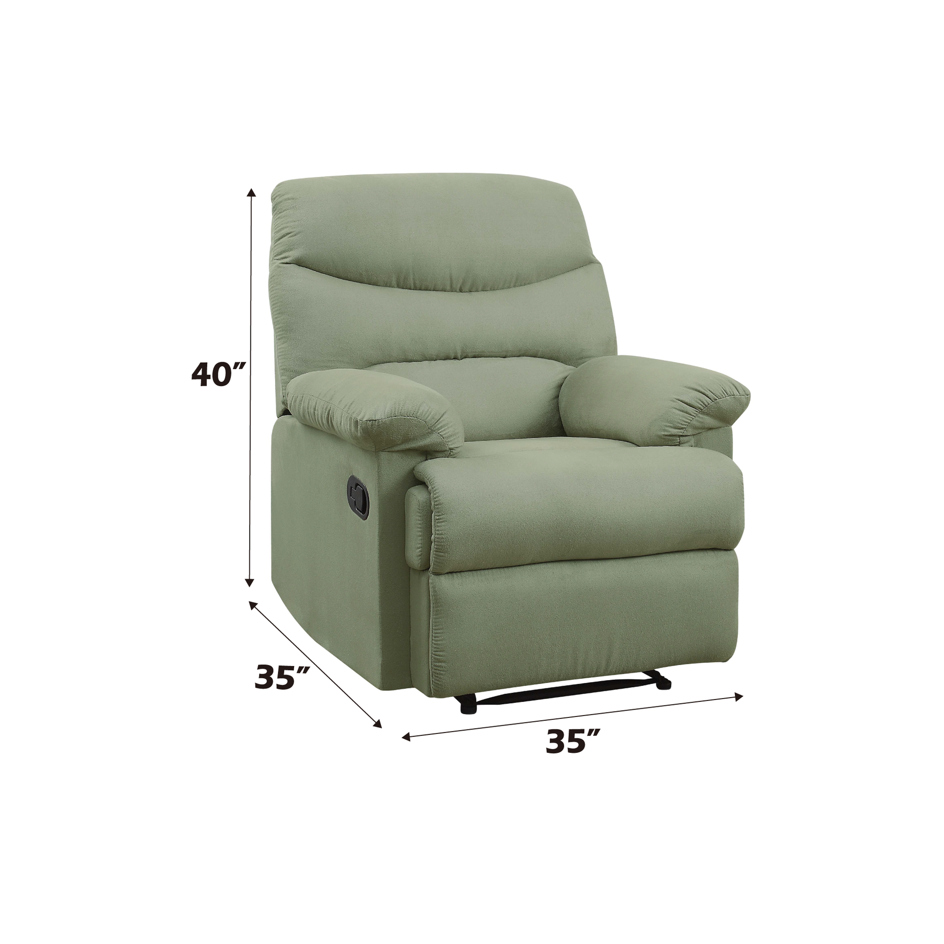 Sage green fabric recliner chair with padded arms and headrest  H x  W x  D