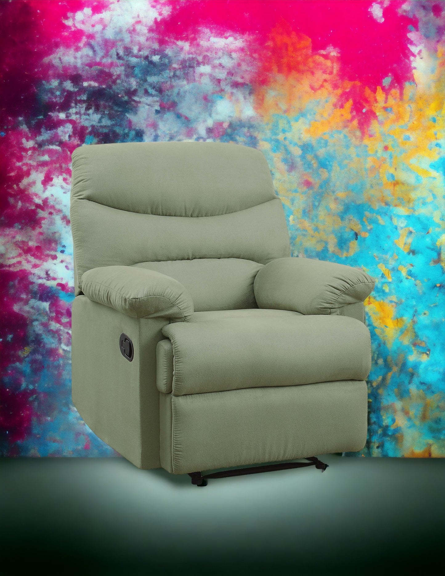 Sage green fabric recliner chair with plush cushioning and chrome lever
