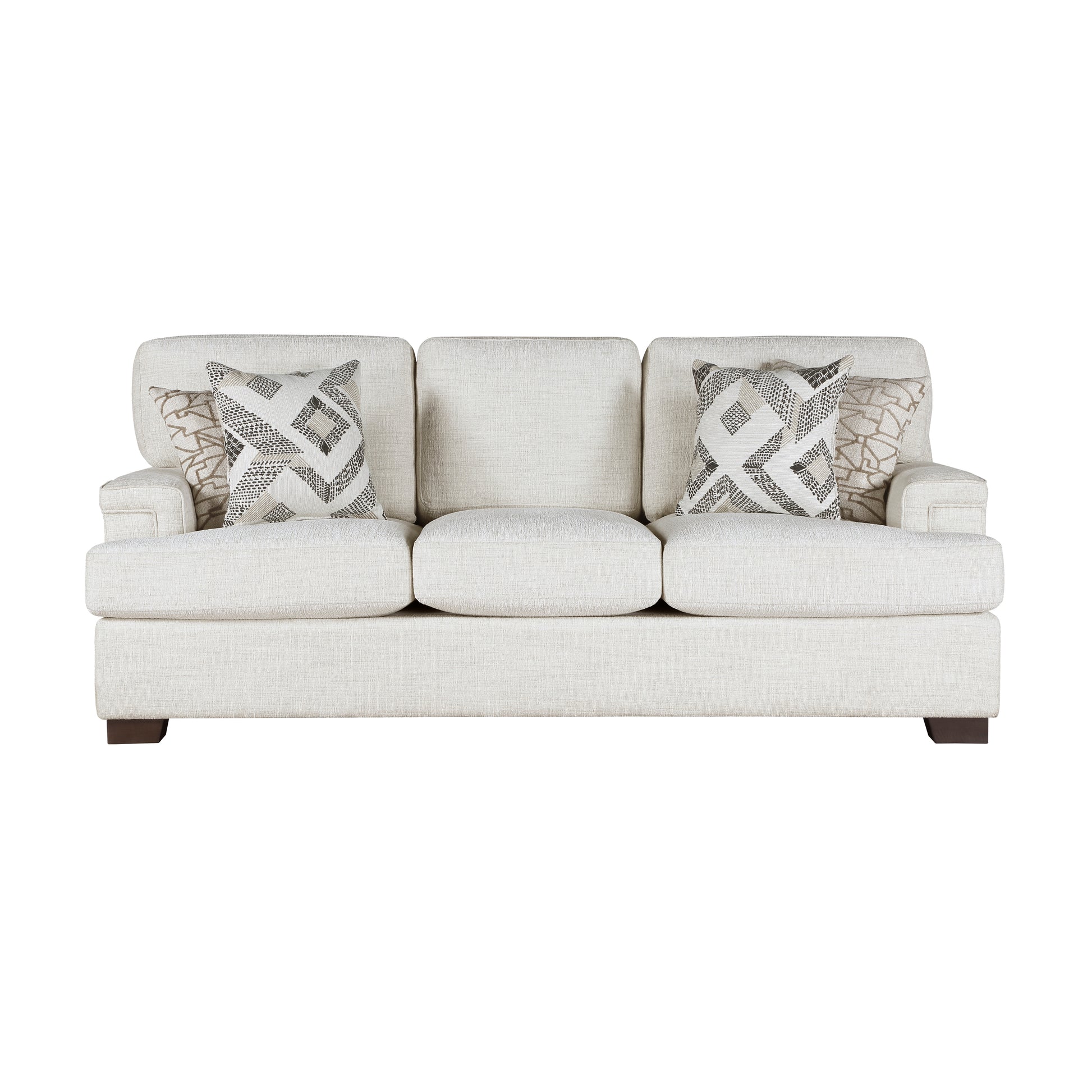 Cream fabric threeseater sofa with patterned throw pillows modern living room furniture