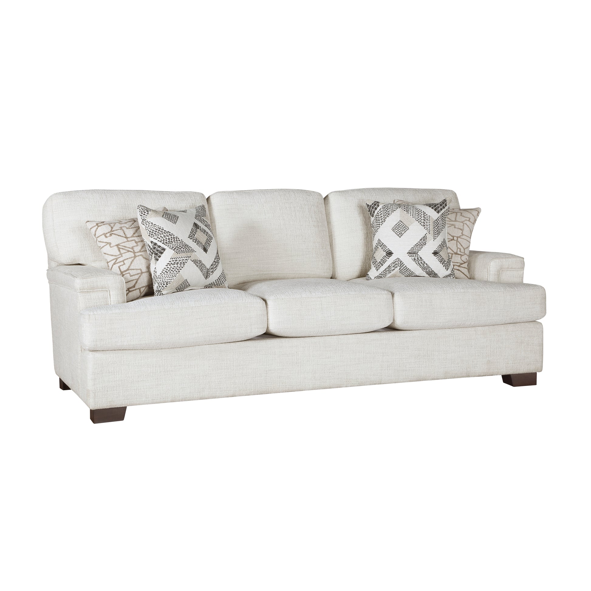 Cream textured fabric sofa with geometric accent pillows and dark wood legs