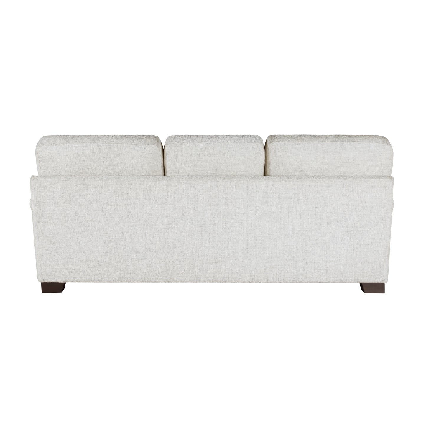 Back view of a threeseater sofa in light grey textured fabric with dark wood block feet