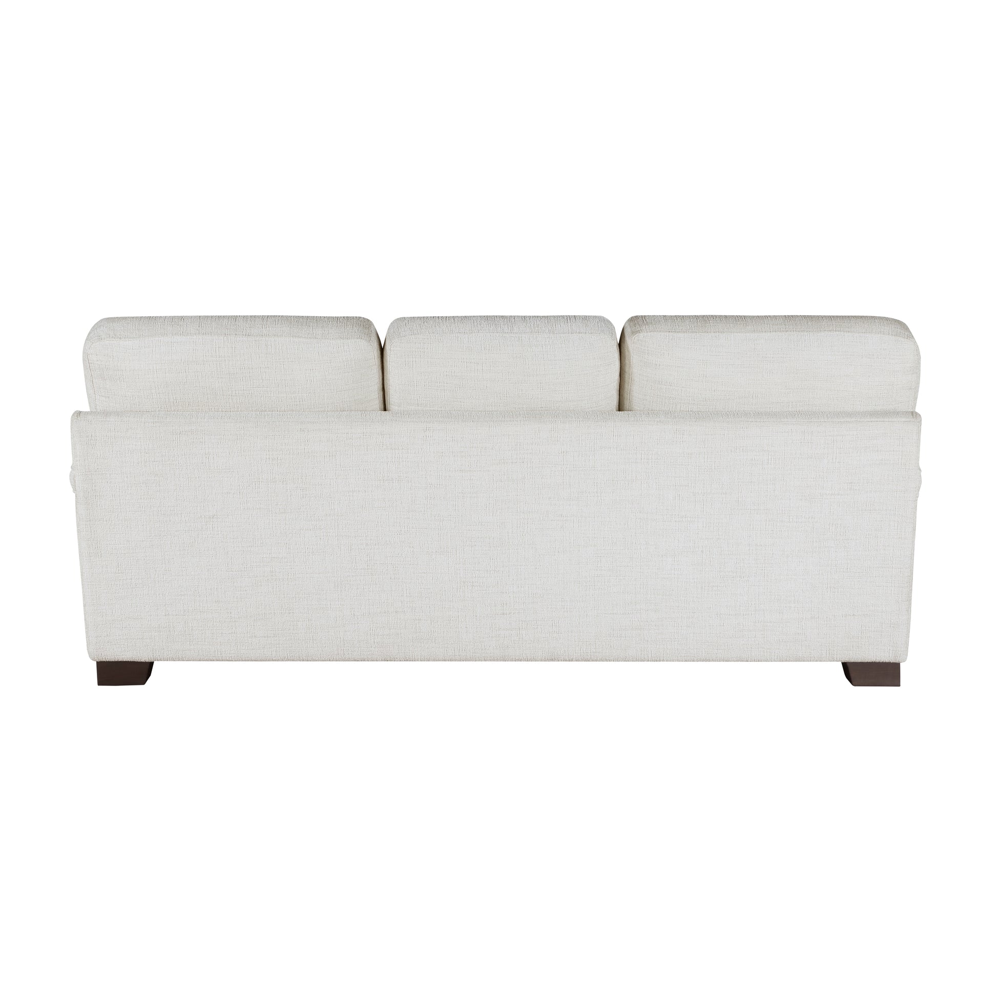 Back view of a threeseater sofa in light grey textured fabric with dark wood block feet