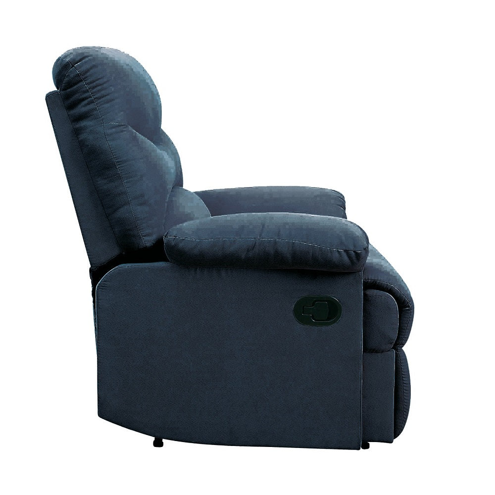Navy blue fabric recliner chair with padded armrests and tufted back for ultimate comfort