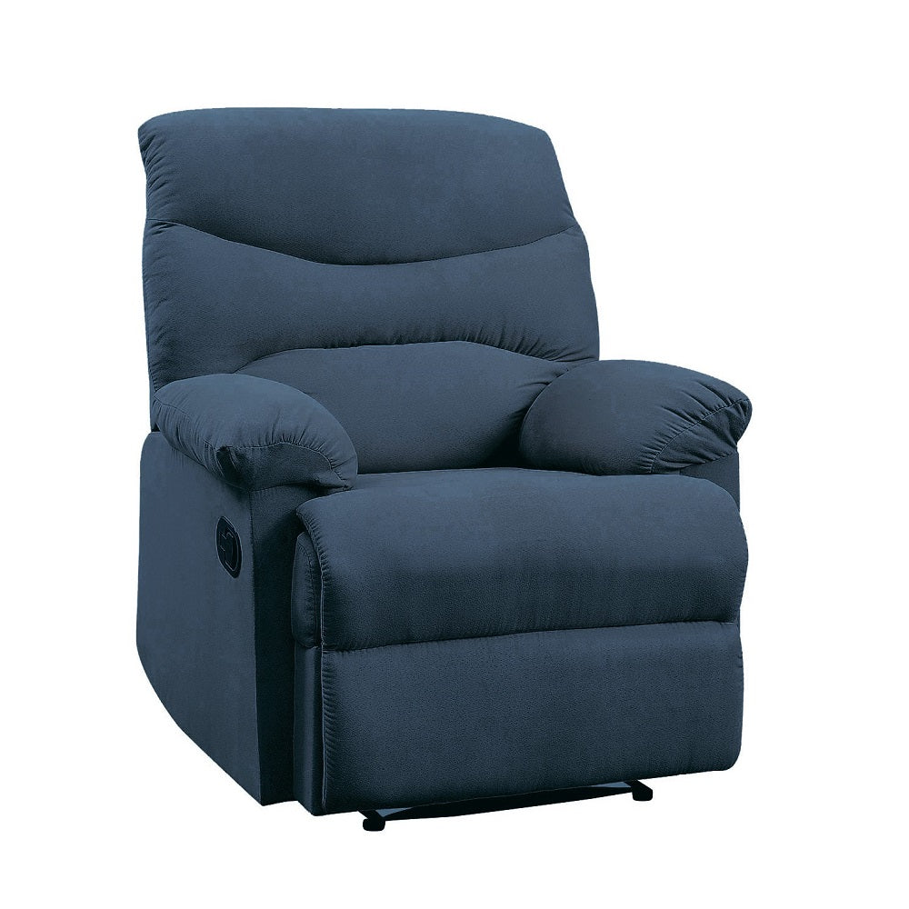 Dark blue fabric recliner chair with plush cushioning and padded arms