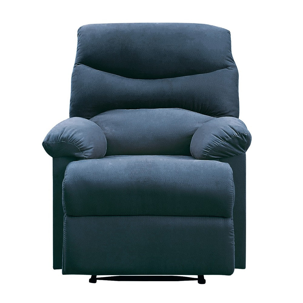 Plush dark blue recliner chair with padded arms and headrest for ultimate relaxation
