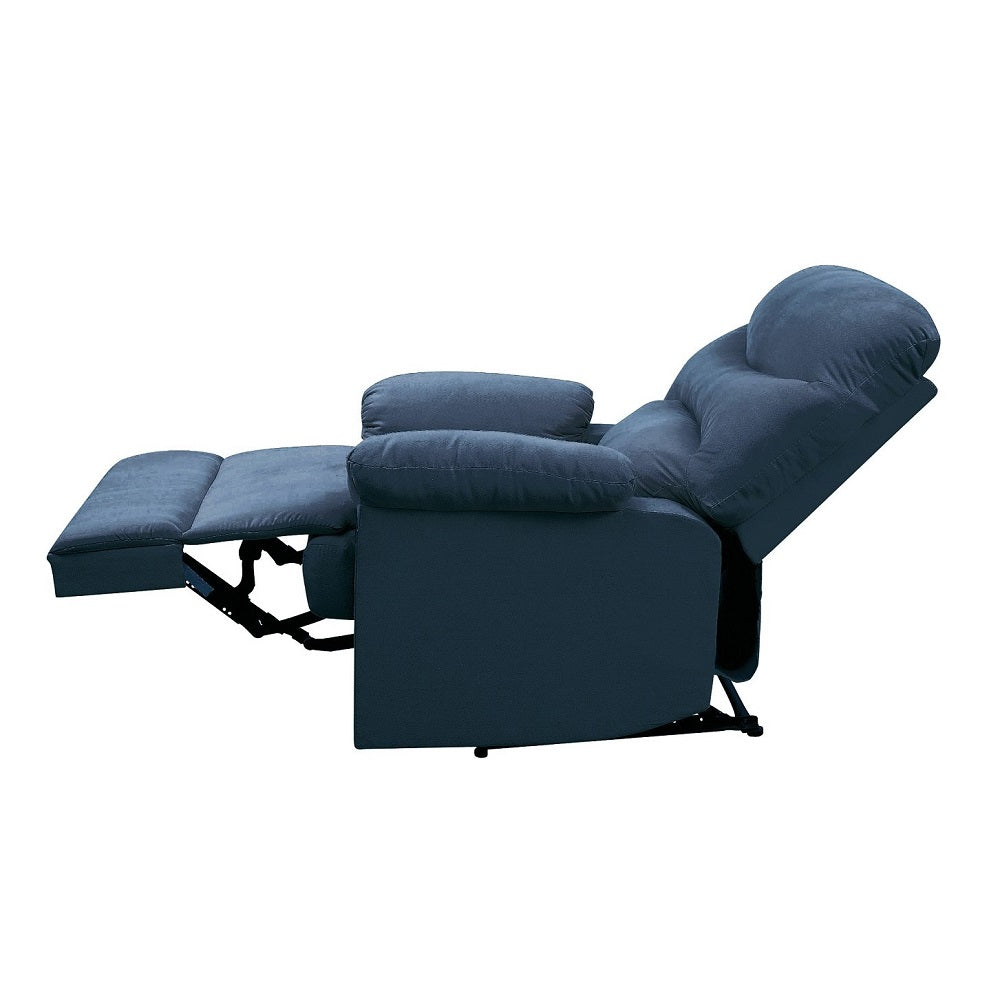 Navy blue fabric recliner chair with extended footrest for comfort