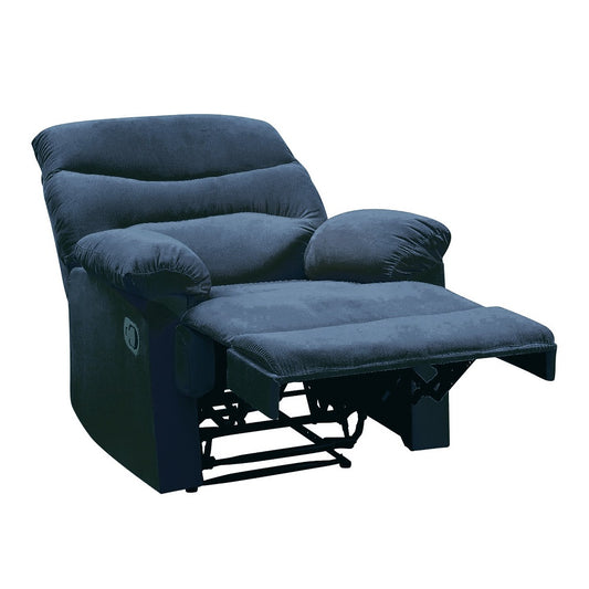 Plush navy blue fabric recliner chair with extended footrest for ultimate relaxation and comfort