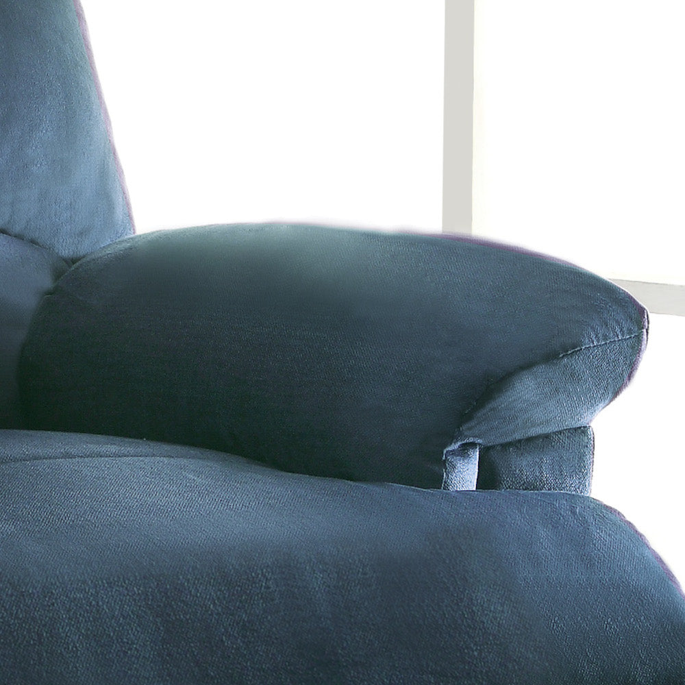 Deep blue recliner armrest with plush fabric texture and subtle stitching detail