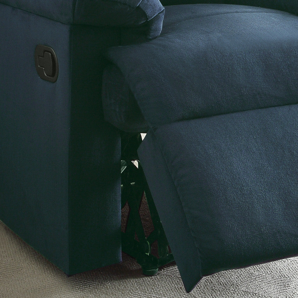 Navy blue recliner lever detail on a fabric armchair