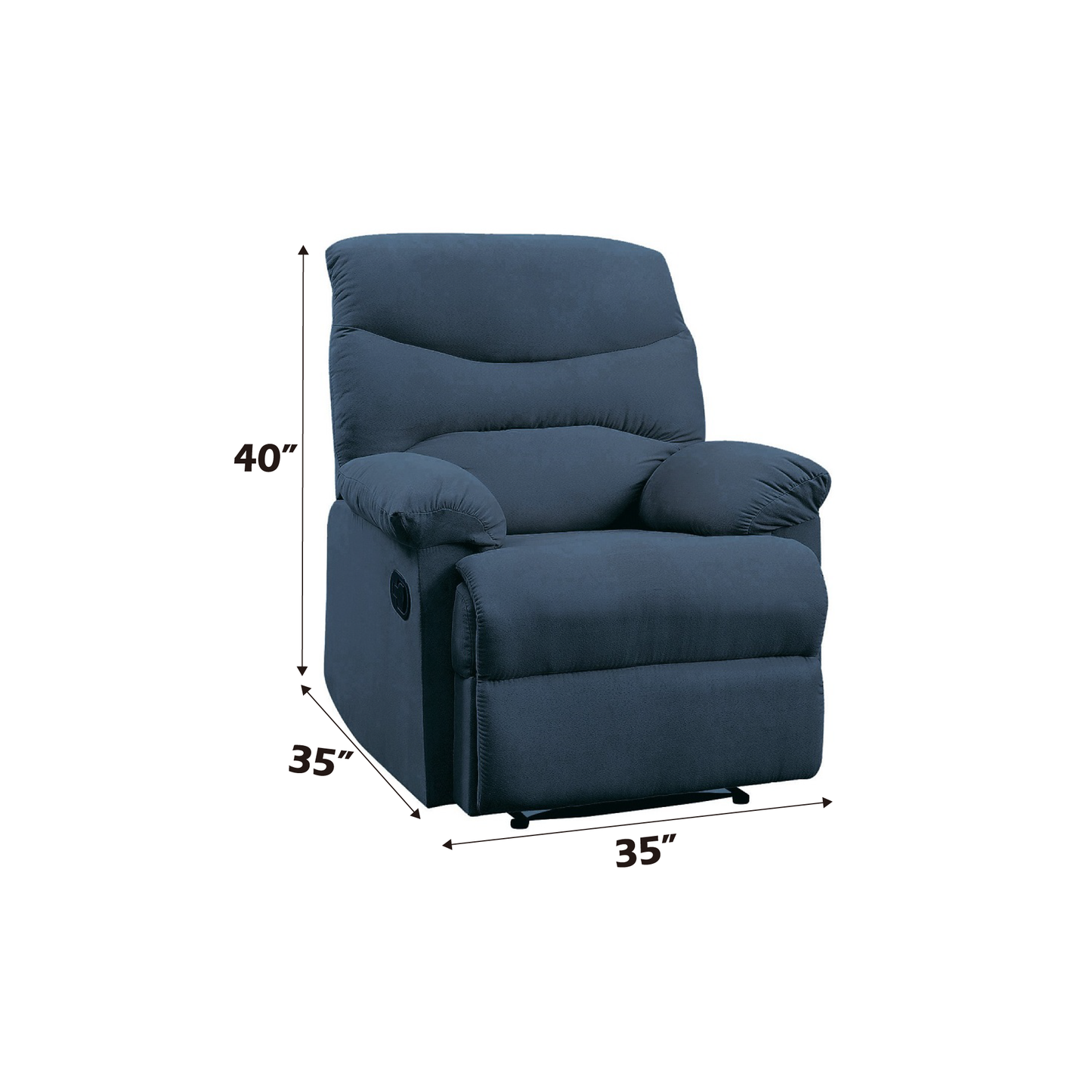 Deep blue fabric recliner chair with plush cushioning and silver side lever