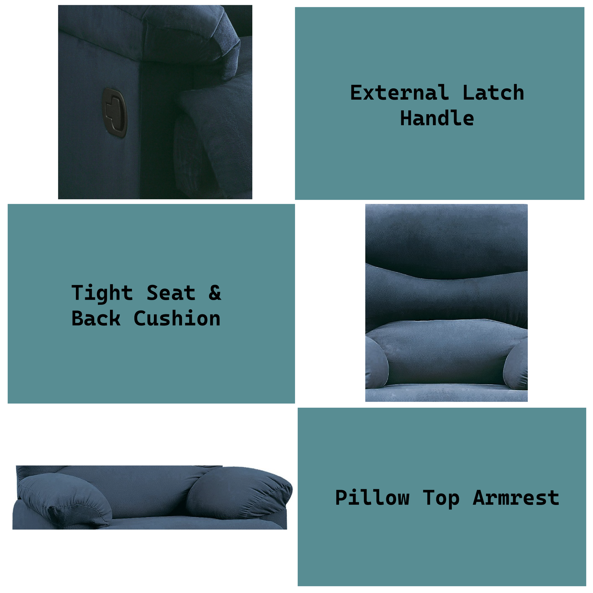 Dark blue recliner with external latch handle on the side