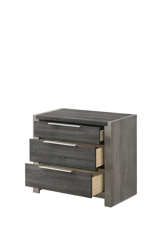 Modern grey wood nightstand with three open drawers and silver handles  characters