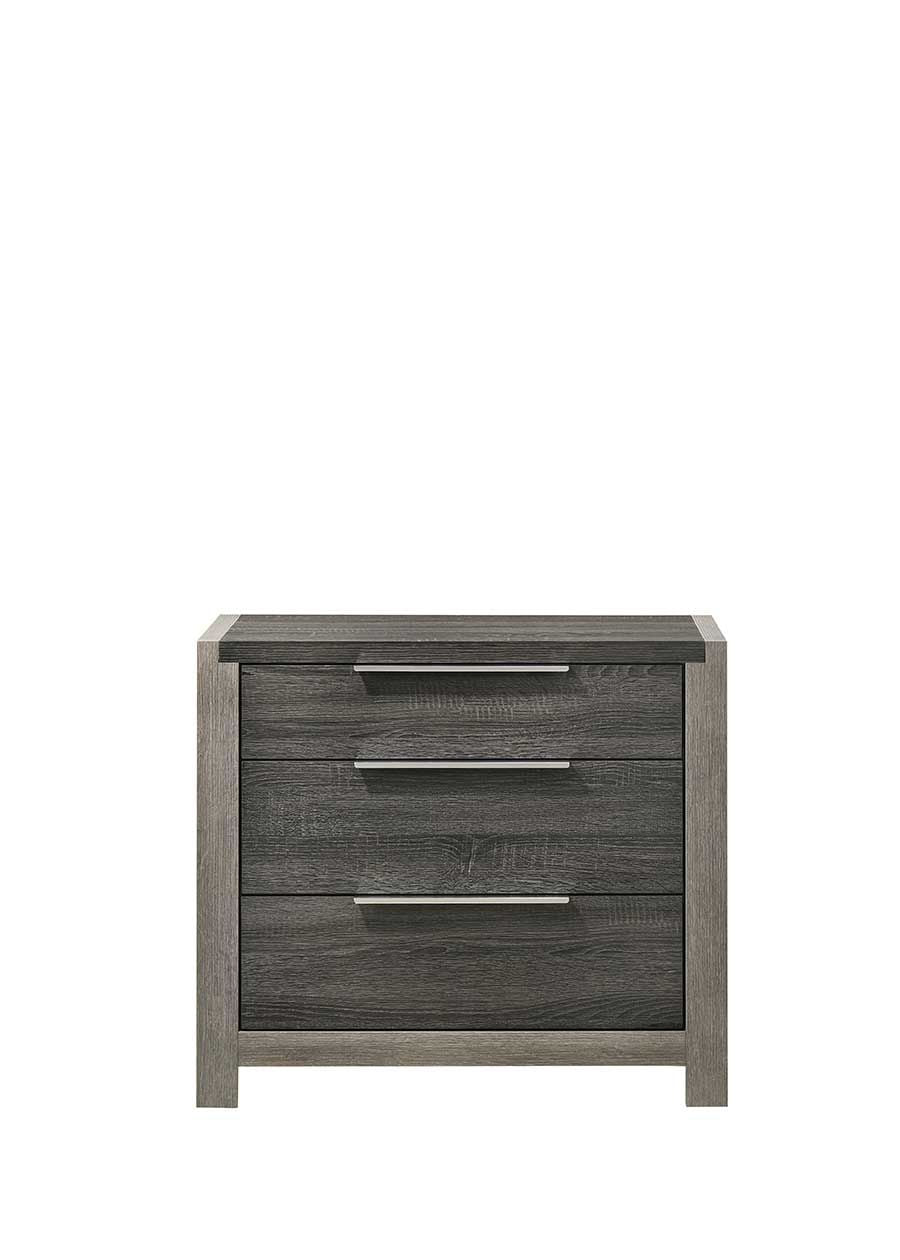 Gray wood veneer nightstand with three drawers and silver handles