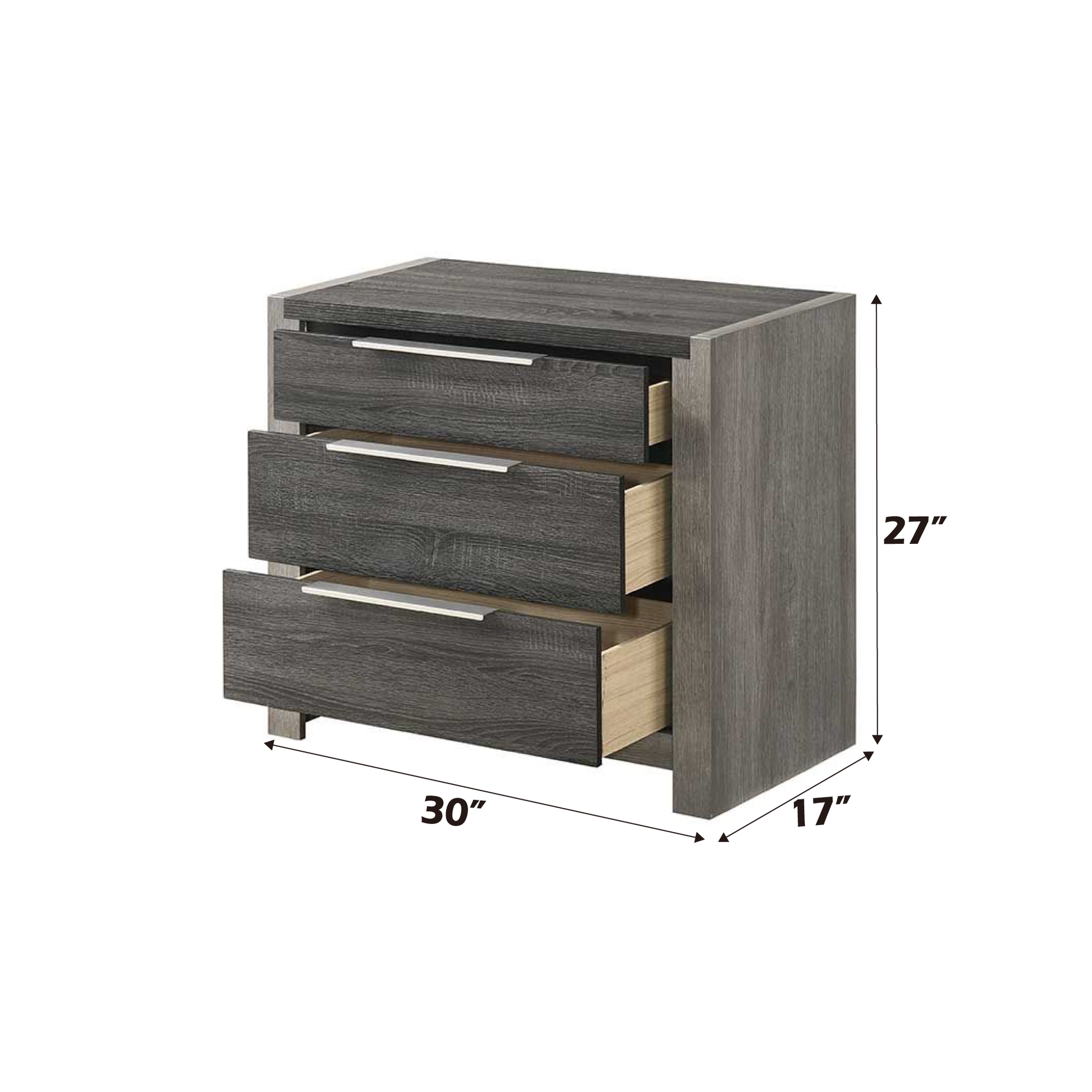 Modern grey wood drawer nightstand with silver bar pulls and open drawer view