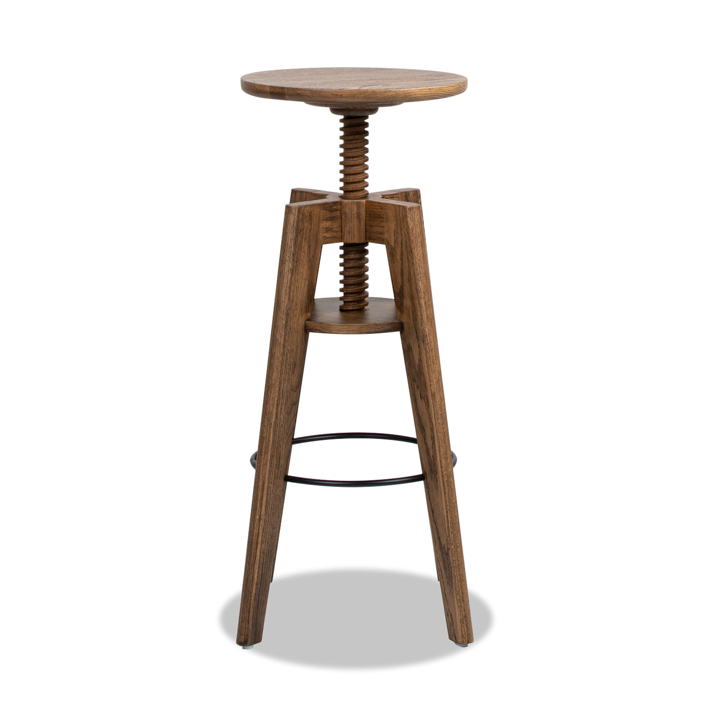 Wooden adjustable height bar stool with metal footrest detail