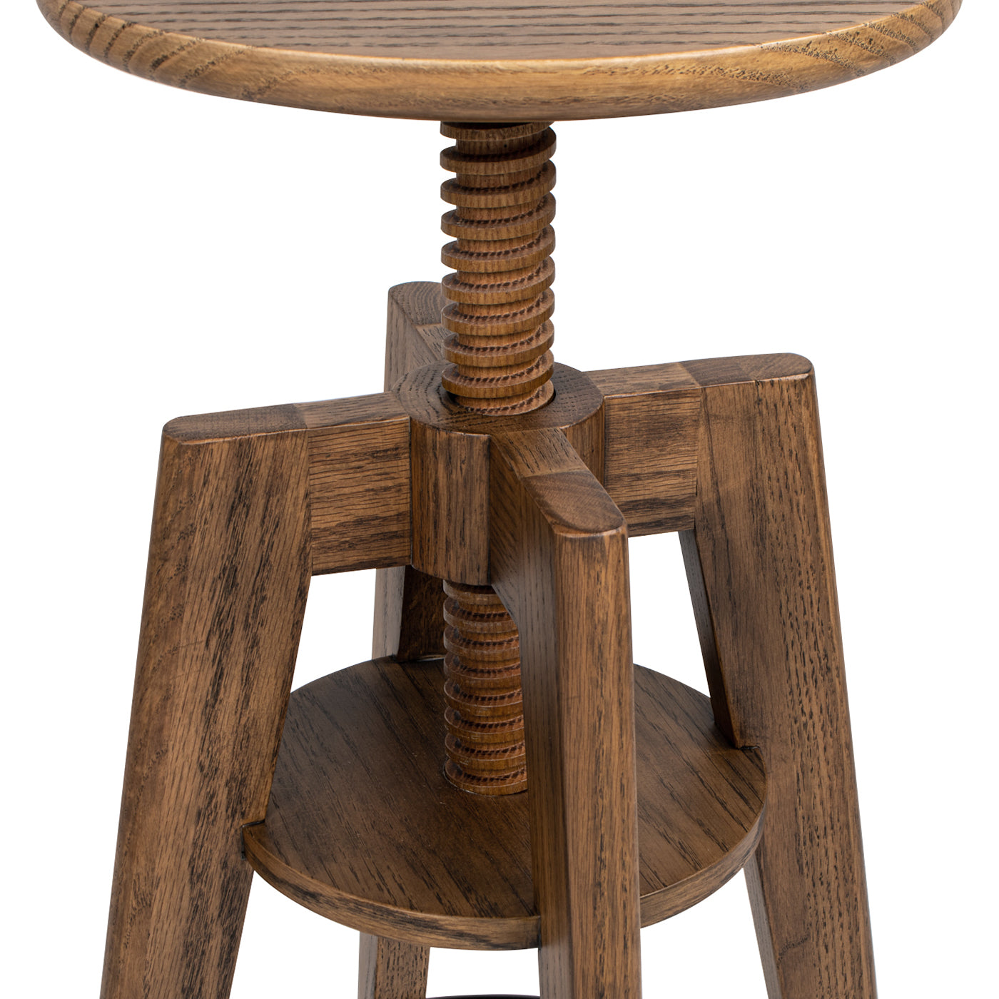 Adjustable height wooden stool with a rustic oak finish