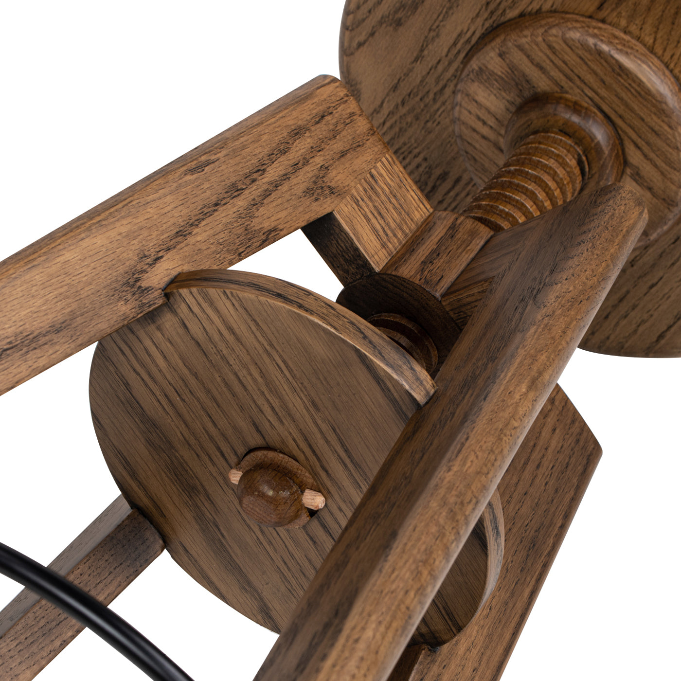 Rustic oak wood desk lamp with adjustable arm and articulating joints