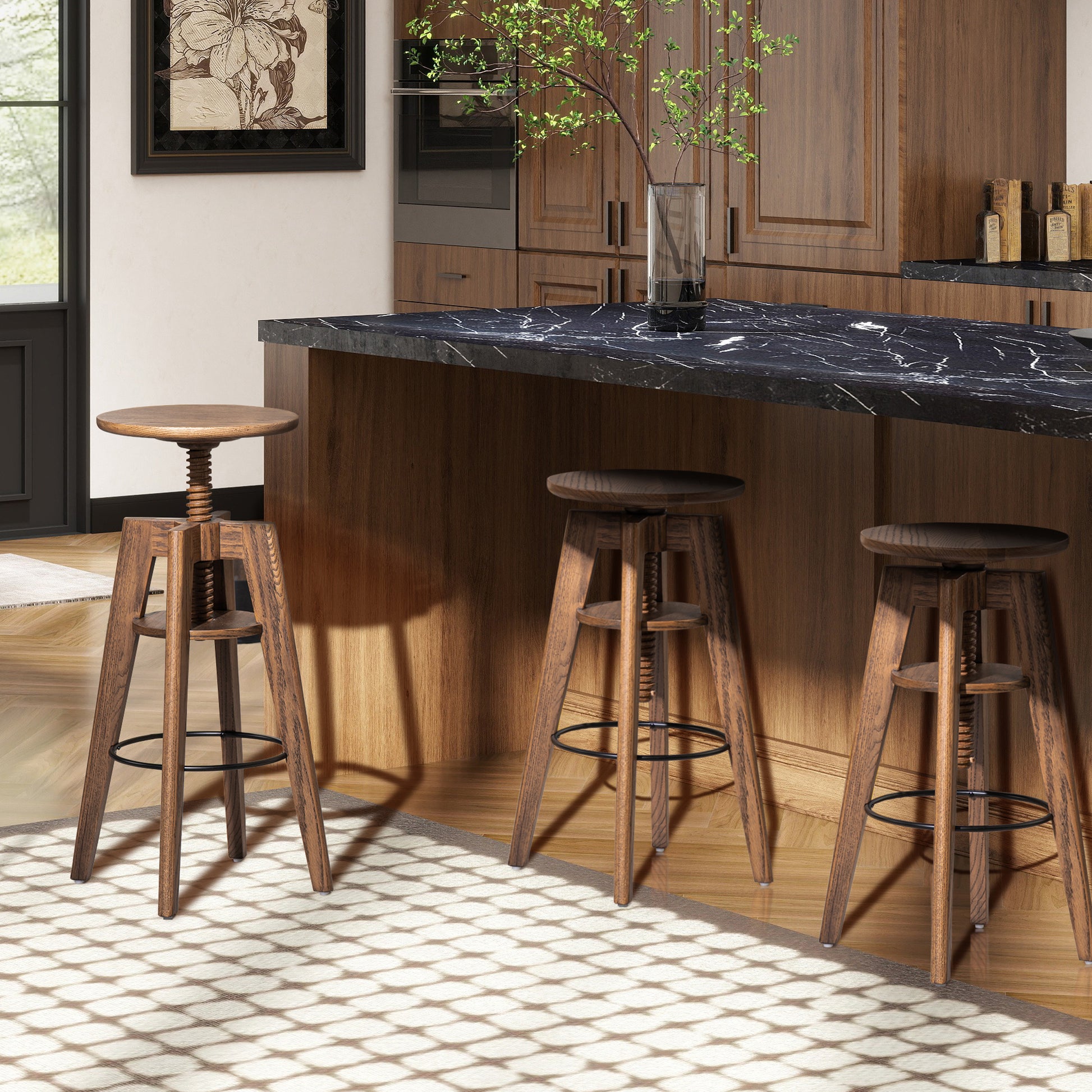 Rustic wooden bar stool with adjustable height and swivel seat perfect for kitchen islands