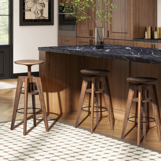 Rustic wooden bar stool with adjustable height and swivel seat perfect for kitchen islands