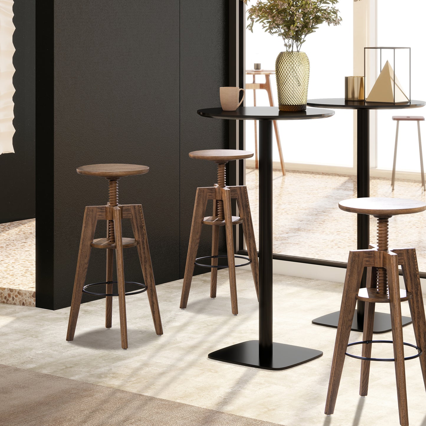 Adjustable wooden industrial bar stool with screw mechanism natural wood finish perfect for kitchens
