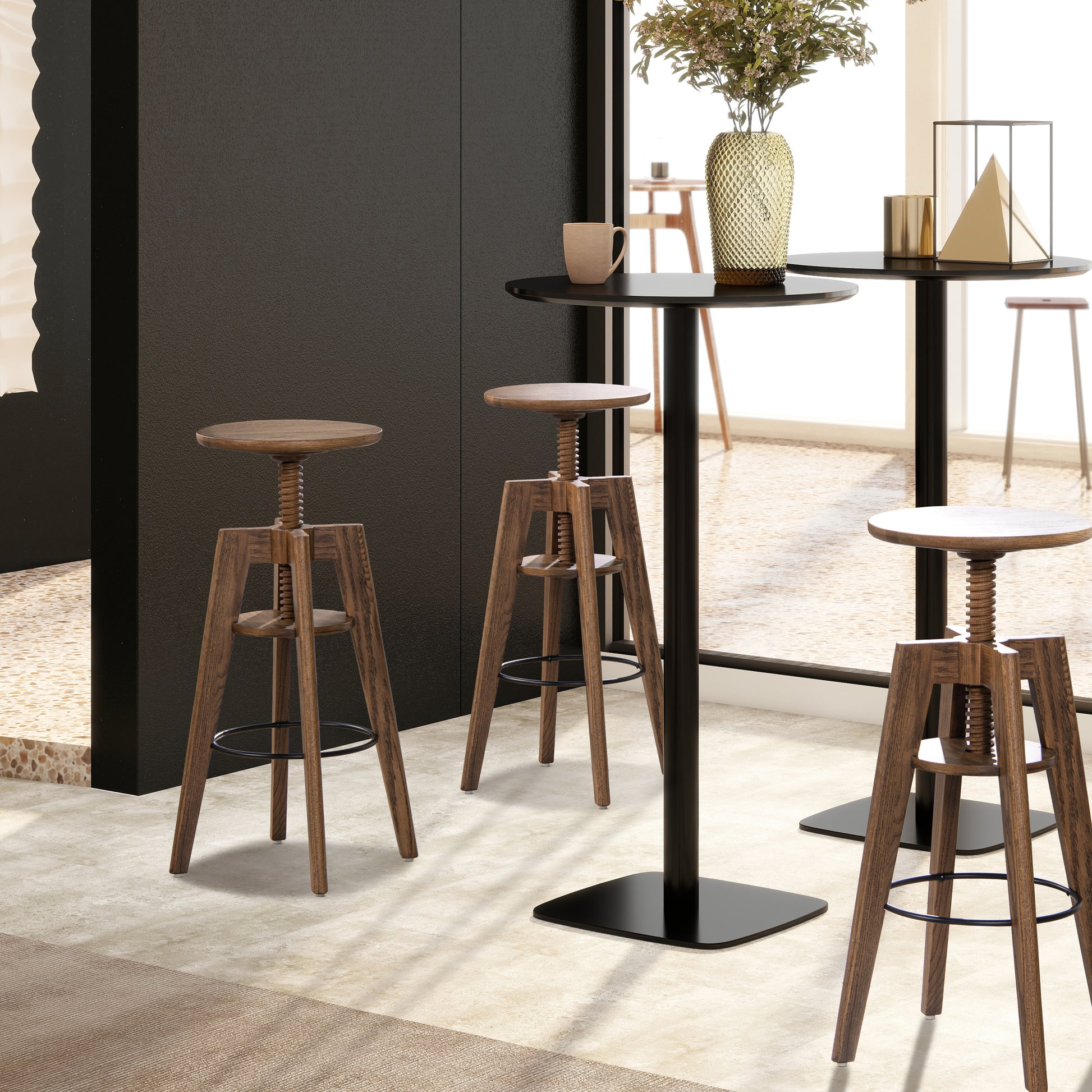 Adjustable wooden industrial bar stool with screw mechanism natural wood finish perfect for kitchens