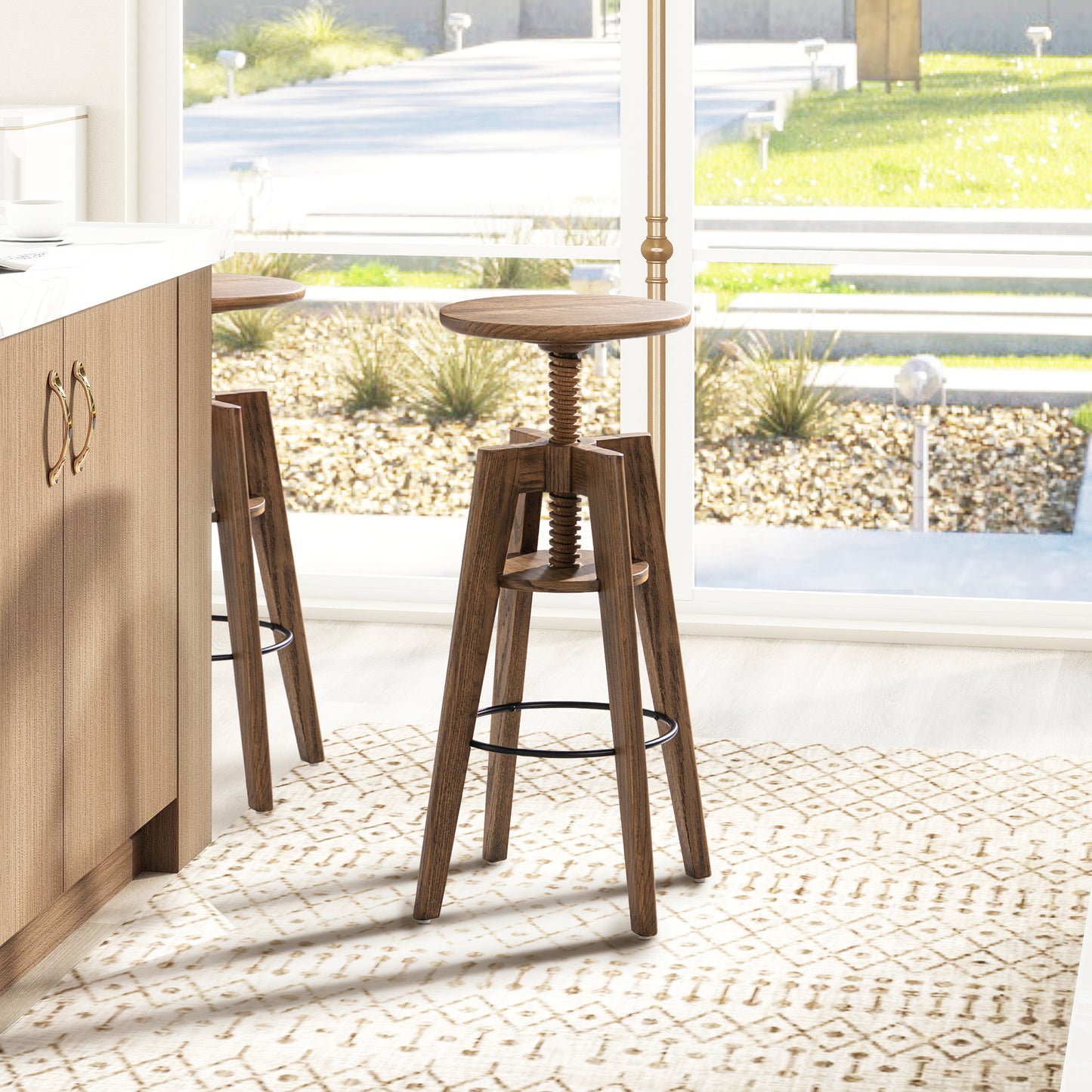 Adjustable height wooden bar stool with screw mechanism perfect for kitchen islands