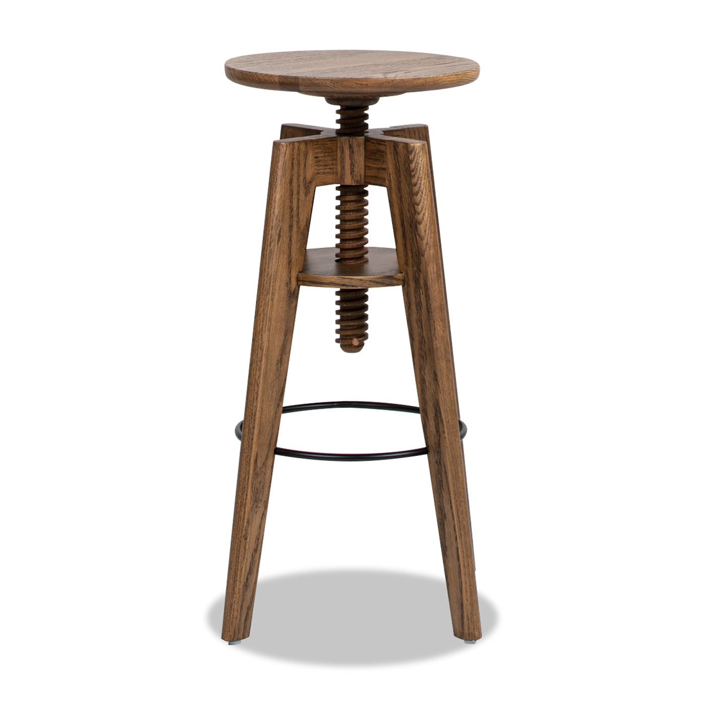 Adjustable height oak wood bar stool with industrial screw detail