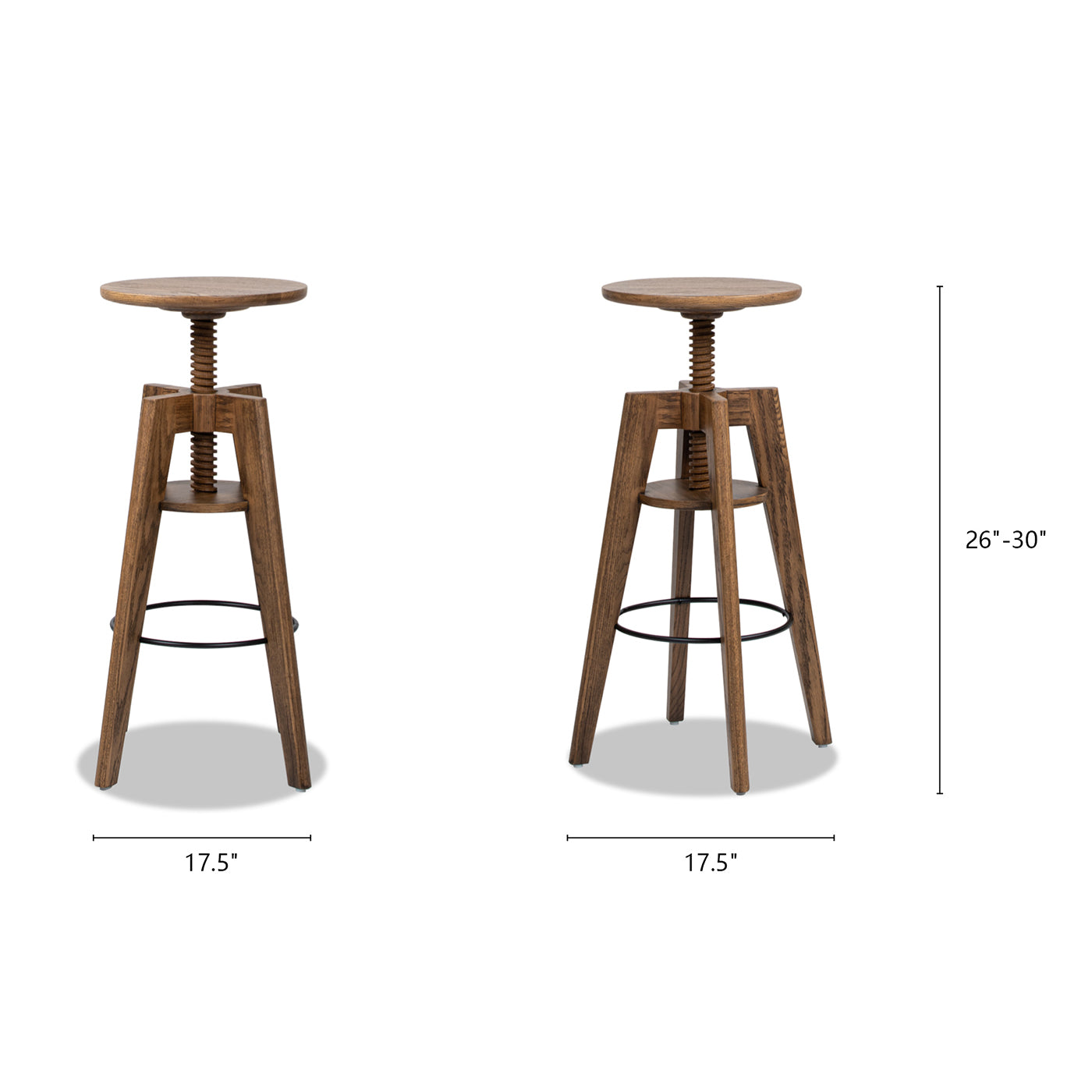 Rustic adjustable height wooden bar stool with screw mechanism