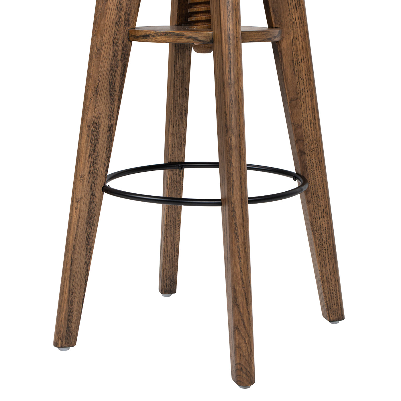 Rustic oak wood bar stool with black metal footrest detail