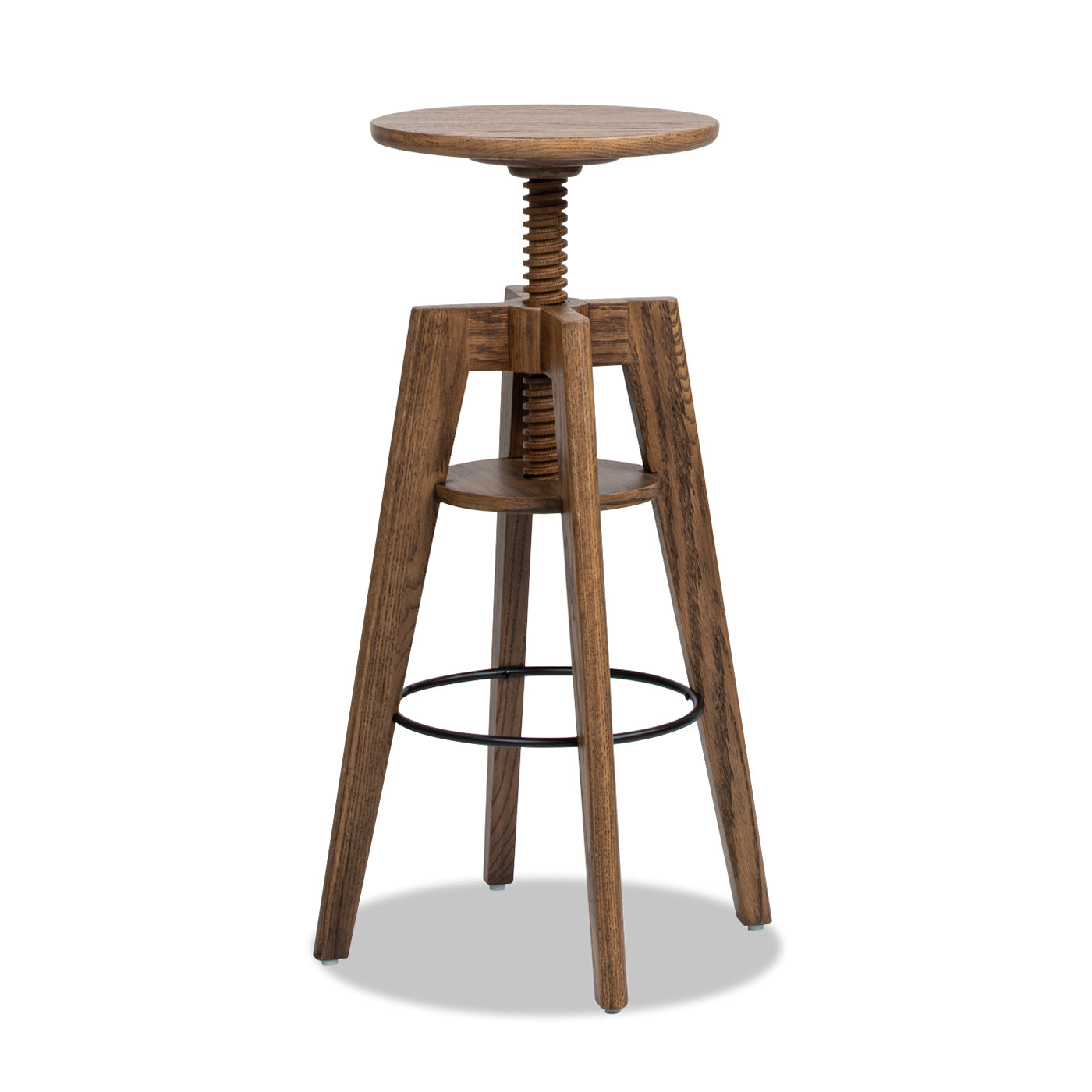Adjustable height wooden stool with screw mechanism and footrest